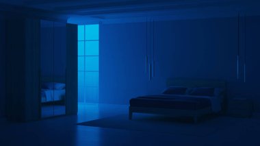 Mavi duvarlı modern yatak odası. İyi geceler. Akşam aydınlatması. 3B görüntüleme.