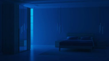 Mavi duvarlı modern yatak odası. İyi geceler. Akşam aydınlatması. 3B görüntüleme.