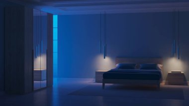 Mavi duvarlı modern yatak odası. İyi geceler. Akşam aydınlatması. 3B görüntüleme.