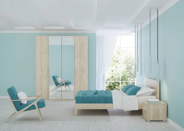 Modern Bedroom Interior Blue Walls Rendering — Stock Photo, Image