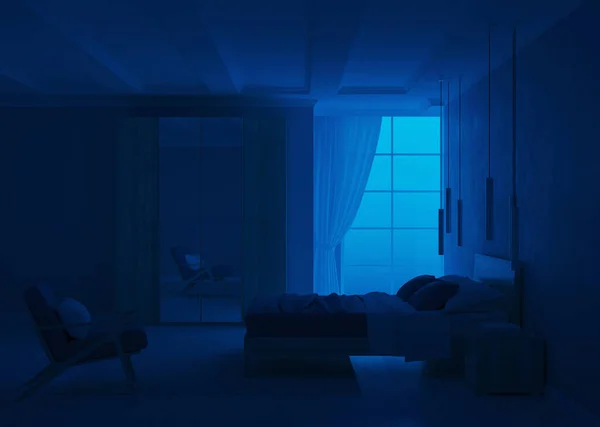 有蓝色墙壁的现代居室内部 晚安夜光 3D渲染 — 图库照片