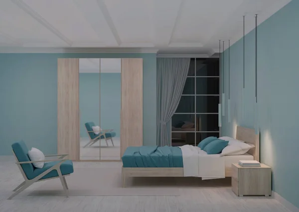 Modern Hálószoba Belső Kék Falakkal Éjt Esti Világítás Renderelés — Stock Fotó