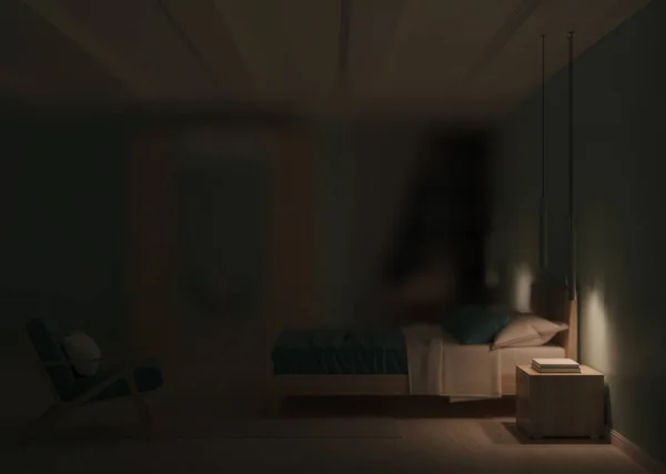 Modern Sovrum Interiör Med Blå Väggar God Natt Kvällsbelysning Rendering — Stockfoto