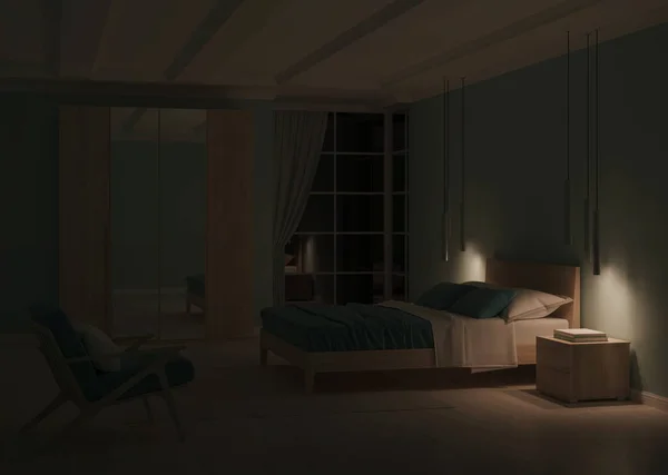 ブルーの壁とモダンなベッドルームのインテリア 夜の照明 3Dレンダリング — ストック写真