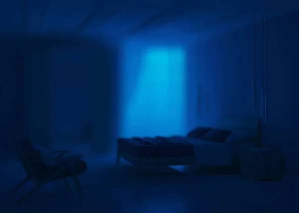 Moderní Interiér Ložnice Modrými Stěnami Dobrou Večerní Osvětlení Vykreslování — Stock fotografie