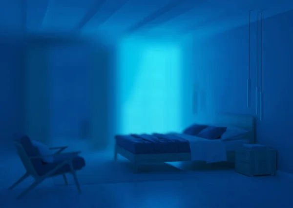 Intérieur Chambre Moderne Avec Des Murs Bleus Bonne Nuit Eclairage — Photo