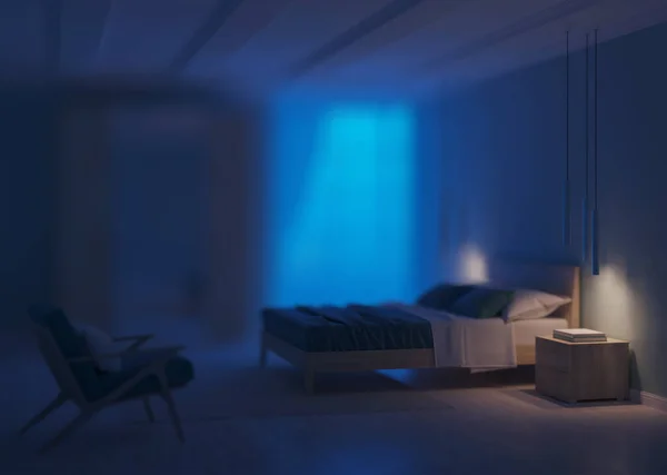 Сучасний Інтер Спальні Блакитними Стінами Ніч Вечірнє Освітлення Візуалізація — стокове фото