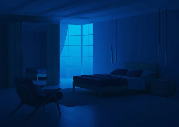 Mavi Duvarlı Modern Yatak Odası Geceler Akşam Aydınlatması Görüntüleme — Stok fotoğraf