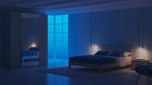 Современный Интерьер Спальни Синими Стенами Спокойной Ночи Вечернее Освещение Рендеринг — стоковое фото