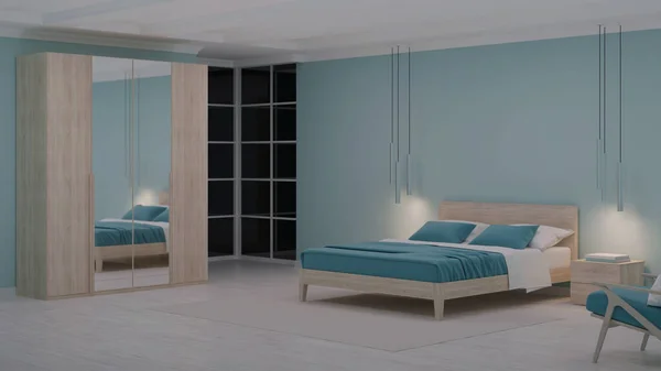 Interior Moderno Dormitorio Con Paredes Azules Buenas Noches Iluminación Nocturna — Foto de Stock