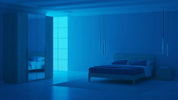 Intérieur Chambre Moderne Avec Des Murs Bleus Bonne Nuit Eclairage — Photo
