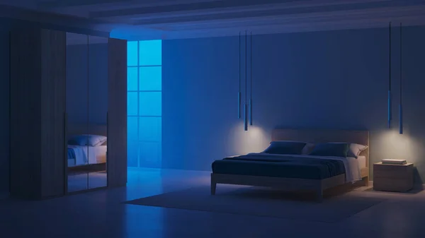 Interior Quarto Moderno Com Paredes Azuis Boa Noite Iluminação Nocturna — Fotografia de Stock