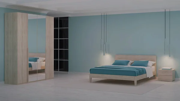 Moderní Interiér Ložnice Modrými Stěnami Dobrou Večerní Osvětlení Vykreslování — Stock fotografie