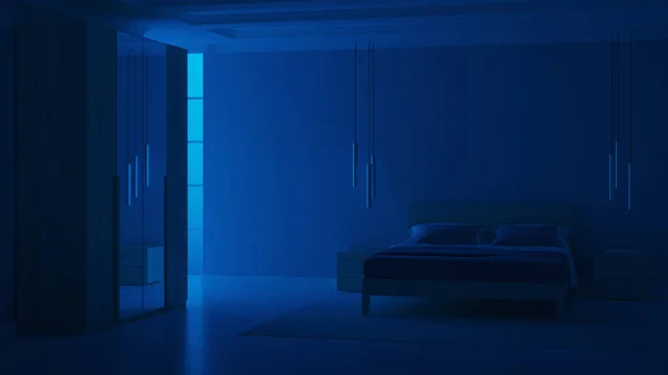 Interior Moderno Dormitorio Con Paredes Azules Buenas Noches Iluminación Nocturna —  Fotos de Stock