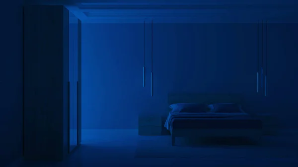 Современный Интерьер Спальни Синими Стенами Спокойной Ночи Вечернее Освещение Рендеринг — стоковое фото