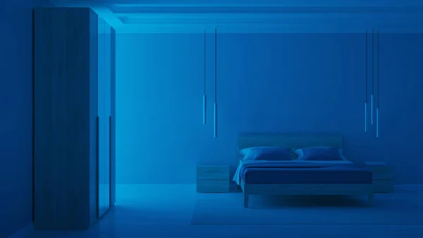 Intérieur Chambre Moderne Avec Des Murs Bleus Bonne Nuit Eclairage — Photo