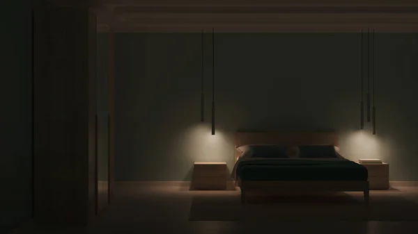 ブルーの壁とモダンなベッドルームのインテリア 夜の照明 3Dレンダリング — ストック写真