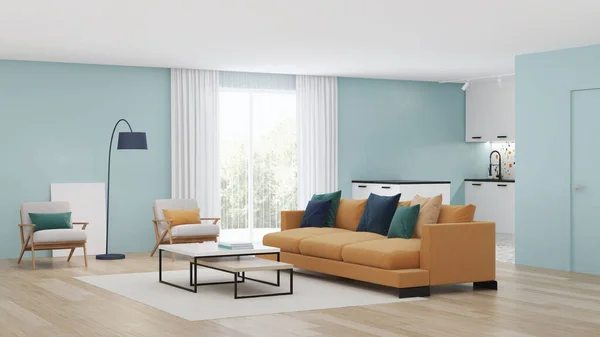 现代卧室的内部有蓝色的墙壁和黄色的沙发 新孟菲斯风格的内部 3D渲染 — 图库照片