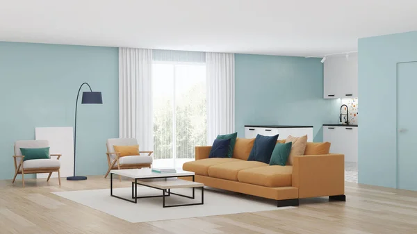 Modern Slaapkamerinterieur Met Blauwe Muren Een Gele Bank Neo Memphis — Stockfoto