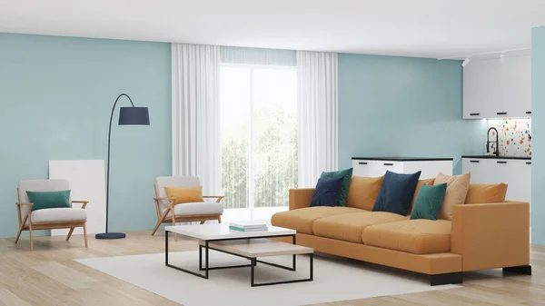ブルーの壁と黄色のソファ付きのモダンなベッドルームのインテリア メンフィス様式のインテリア 3Dレンダリング — ストック写真