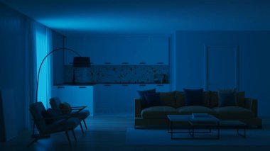 Mavi duvarları ve sarı kanepesi olan modern bir yatak odası. Neo Memphis tarzı iç mekan. İyi geceler. Akşam aydınlatması. 3B görüntüleme.