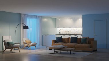 Mavi duvarları ve sarı kanepesi olan modern bir yatak odası. Neo Memphis tarzı iç mekan. İyi geceler. Akşam aydınlatması. 3B görüntüleme.