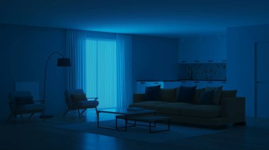 Mavi duvarları ve sarı kanepesi olan modern bir yatak odası. Neo Memphis tarzı iç mekan. İyi geceler. Akşam aydınlatması. 3B görüntüleme.