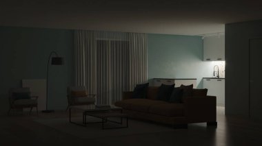 Mavi duvarları ve sarı kanepesi olan modern bir yatak odası. Neo Memphis tarzı iç mekan. İyi geceler. Akşam aydınlatması. 3B görüntüleme.