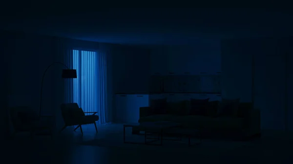 Μοντέρνο Υπνοδωμάτιο Εσωτερικό Μπλε Τοίχους Και Ένα Κίτρινο Καναπέ Νέο — Φωτογραφία Αρχείου