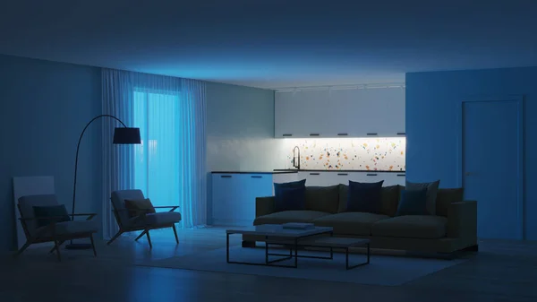 Modern Sovrum Interiör Med Blå Väggar Och Gul Soffa Inredning — Stockfoto