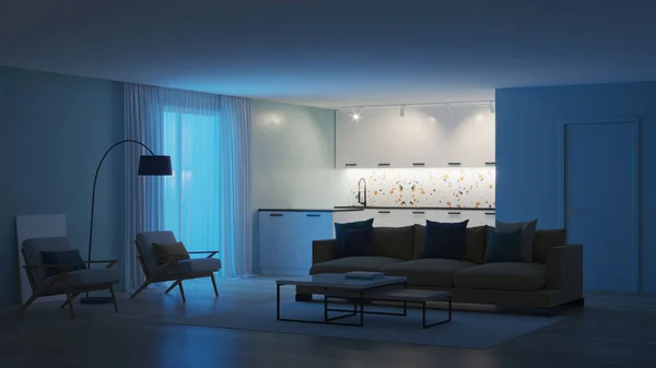 Modern Slaapkamerinterieur Met Blauwe Muren Een Gele Bank Neo Memphis — Stockfoto