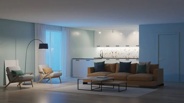 现代卧室的内部有蓝色的墙壁和黄色的沙发 新孟菲斯风格的内部 晚安夜光 3D渲染 — 图库照片