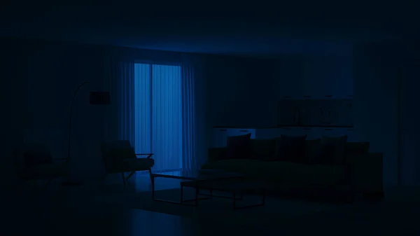 Modern bedroom interior with blue walls and a yellow sofa. Neo Memphis style interior. Night. Evening lighting. 3D rendering.