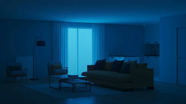 ブルーの壁と黄色のソファ付きのモダンなベッドルームのインテリア メンフィス様式のインテリア 夜の照明 3Dレンダリング — ストック写真