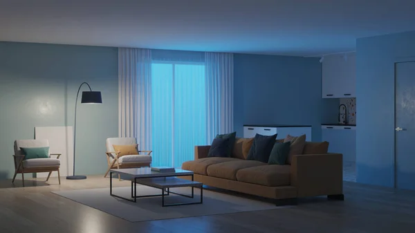 Interior Del Dormitorio Moderno Con Paredes Azules Sofá Amarillo Interior — Foto de Stock