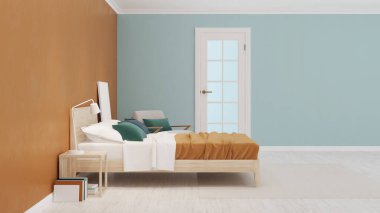 Neo memphis tarzında modern yatak odası. 3B görüntüleme.