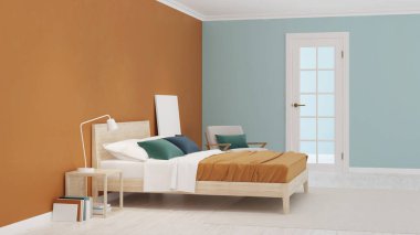 Neo memphis tarzında modern yatak odası. 3B görüntüleme.