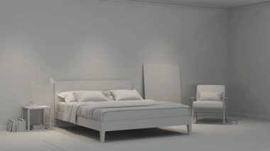 Modern yatak odasının içi. İç kısmı gri. 3B görüntüleme.