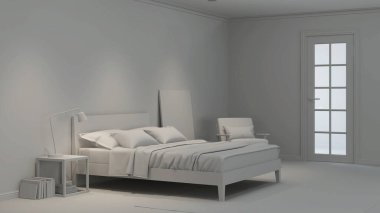 Modern yatak odasının içi. İç kısmı gri. 3B görüntüleme.