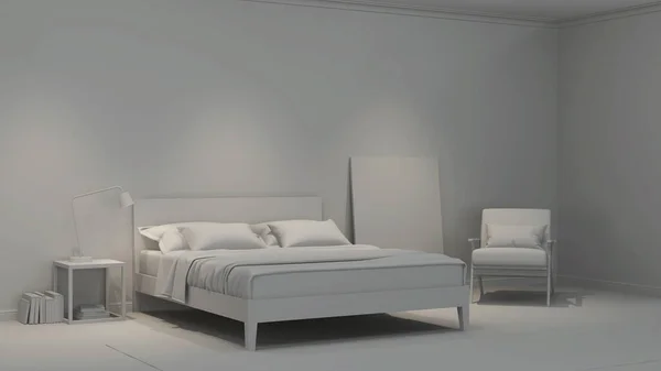 近代的な寝室のインテリア グレーのインテリア 3Dレンダリング — ストック写真