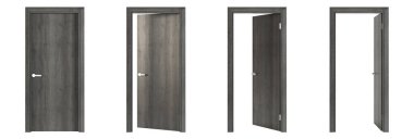 Odanın kapısı beyaz arka planda izole edilmiş. Farklı aşamalarda açılan ahşap kapılar. 3B görüntüleme.