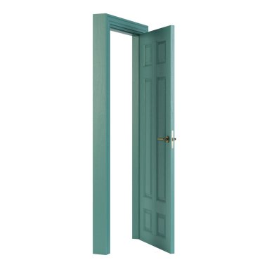 Tahta kapı beyaz arka planda izole edilmiş. 3B görüntüleme.