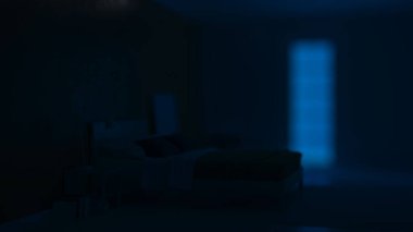 Mavi duvarlı modern yatak odası. İyi geceler. Akşam aydınlatması. 3B görüntüleme.