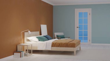 Mavi duvarlı modern yatak odası. İyi geceler. Akşam aydınlatması. 3B görüntüleme.