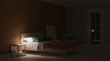 Mavi duvarlı modern yatak odası. İyi geceler. Akşam aydınlatması. 3B görüntüleme.