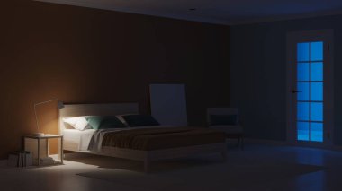 Mavi duvarlı modern yatak odası. İyi geceler. Akşam aydınlatması. 3B görüntüleme.