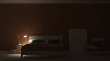 Mavi duvarlı modern yatak odası. İyi geceler. Akşam aydınlatması. 3B görüntüleme.