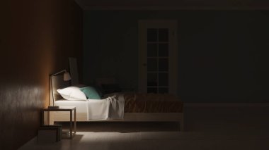 Mavi duvarlı modern yatak odası. İyi geceler. Akşam aydınlatması. 3B görüntüleme.
