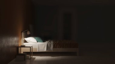 Mavi duvarlı modern yatak odası. İyi geceler. Akşam aydınlatması. 3B görüntüleme.