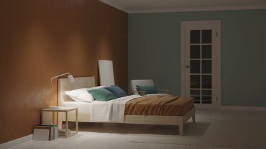 Mavi duvarlı modern yatak odası. İyi geceler. Akşam aydınlatması. 3B görüntüleme.